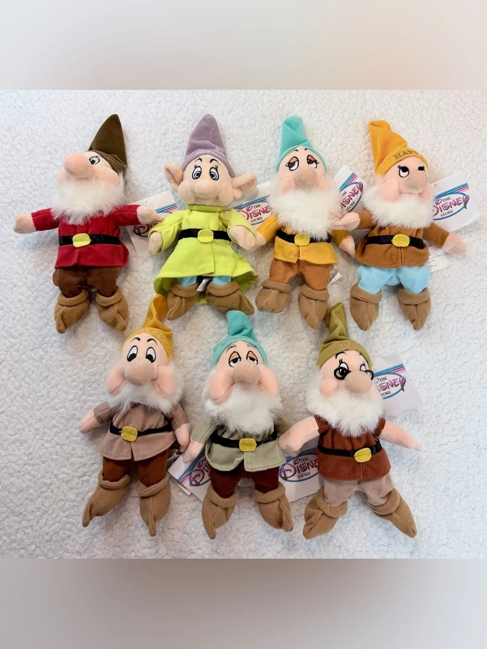 (VTG NWT) DISNEY • 1997 Complete Snow White Seven Dwarfs Plush Set w/ Bag